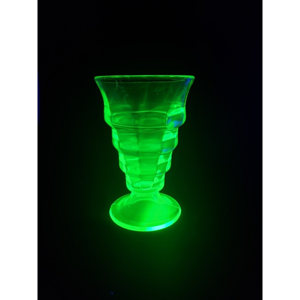 Vintage Uranium Glass Parfait Block Optic Party Line Style Depression Glass 5"